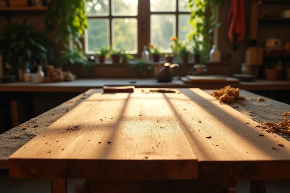 Artisan working on a wooden table in a sunlit workshop, surrounded by natural wood and tools