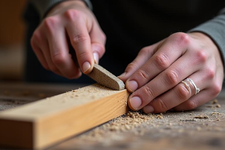 Close-up of a skilled craftsperson's hands working on a piece of wooden furniture, sawdust visible.