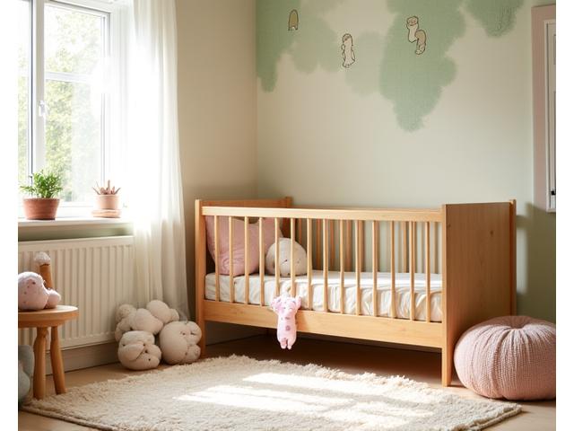 A charming children's bedroom featuring a wooden crib and playful decor in soft, earthy tones.
