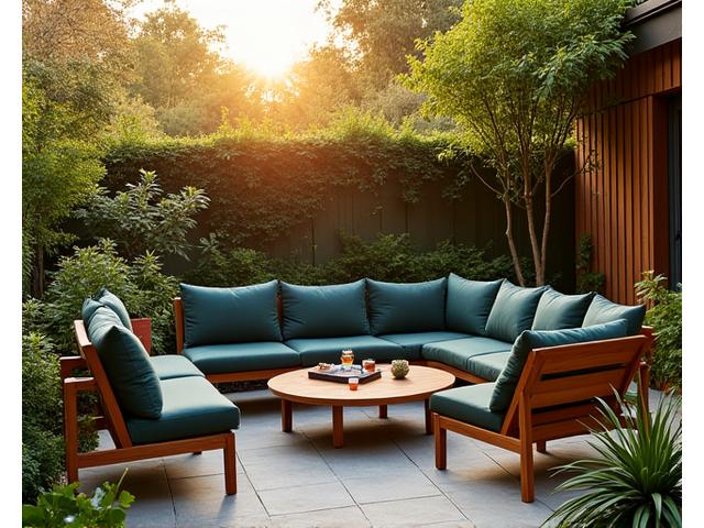 A stylish outdoor patio set made of natural wood, with comfortable cushions, nestled in a lush garden setting.