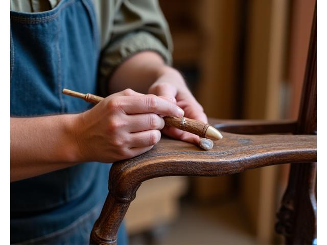 Skilled hands meticulously restoring an antique armchair, focusing on detailed craftsmanship.