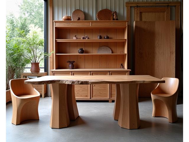 Examples of custom designed furniture showcasing handcrafted tables, chairs, and cabinets in a bright, natural setting.