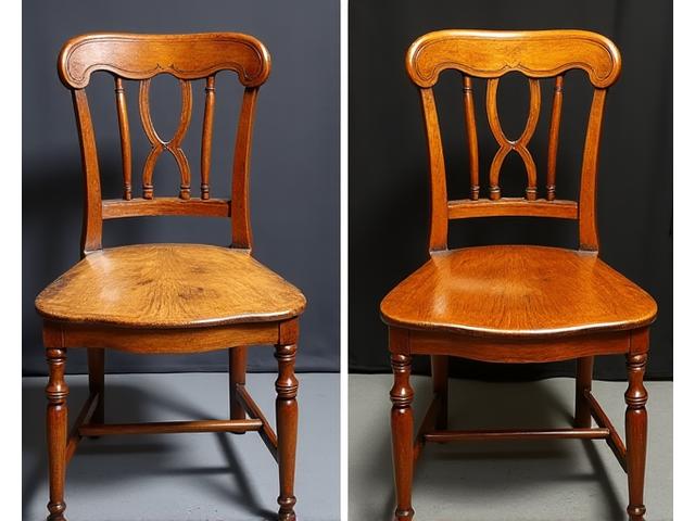 Before and after comparison of a restored antique wooden chair, showing dull, worn wood on the left and a gleaming, polished finish on the right.